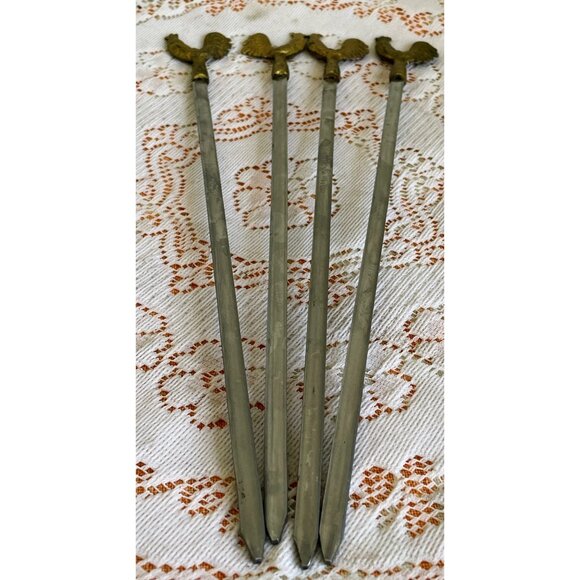 Vintage 1970s 4 PC. Brass Stainless Steel Kebob Skewers Chicken Rooster Tops - Picture 2 of 9